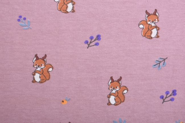 Cotton knit in old pink color with squirrel print 19594/014
