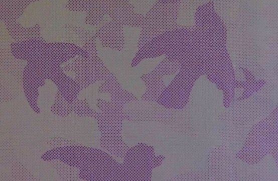 Rust fabric with reflective pattern of birds in purple color 132.691/5024
