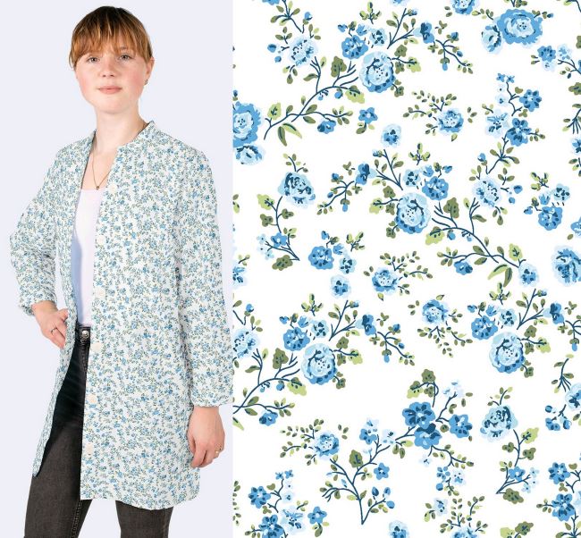 Poplin in white color with a print of small blue flowers 19411/004