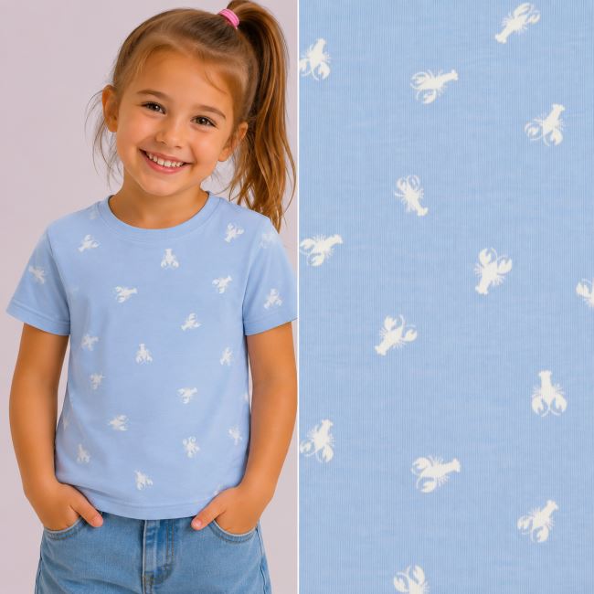 Cotton knit in light blue with crayfish print 21845/003