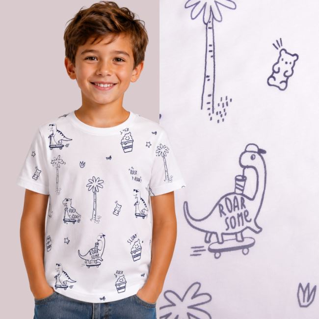 Cream-colored cotton knit with dinosaur and text print TU26453