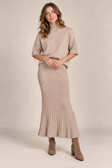 Set of sweater with turtleneck and skirt in beige color ITA-KOM01