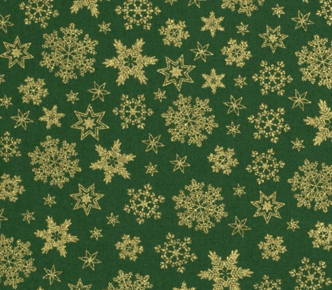 Christmas green cotton fabric with golden snowflakes print 20708/025