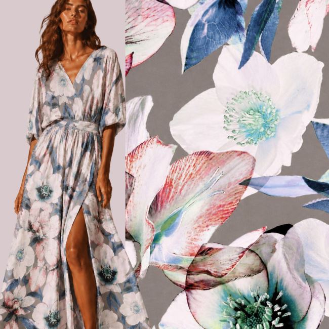 Viscose fabric in gray color with flower print MI41113/905