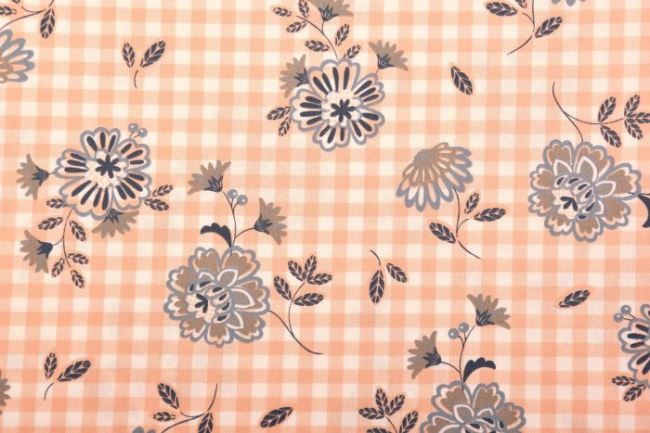 Cotton fabric with checkered and flower print KC0282-002