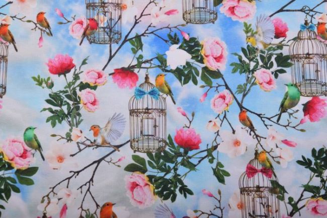 Cotton knit with digital print of birds and flowers KC7502-289