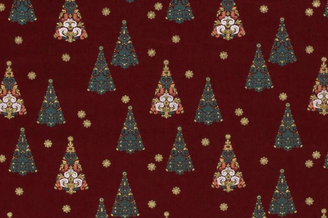 Christmas cotton fabric in burgundy color with a print of decorative trees 20742/018