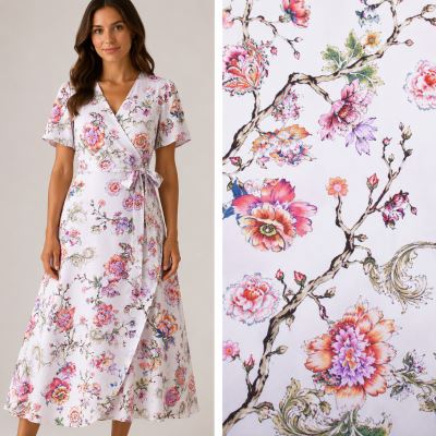 Cream-colored viscose fabric with colorful flower print MOR4038