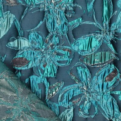 Social jacquard fabric in petrol color with plastic flower pattern 23189/670 (2)
