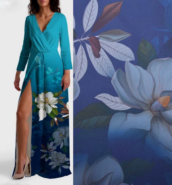 Armani blue satin with digital flower print CS10189B3