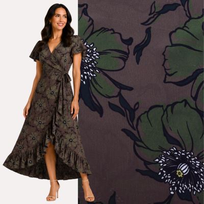 Light viscose fabric in khaki color with flower print MOR4149