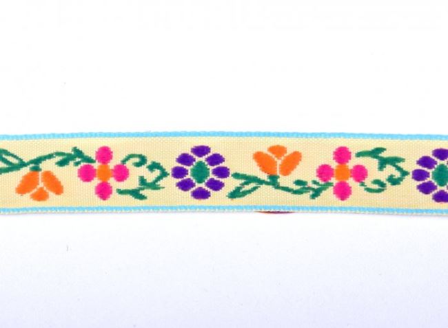 Decorative woven ribbon in light yellow color with flowers 30117