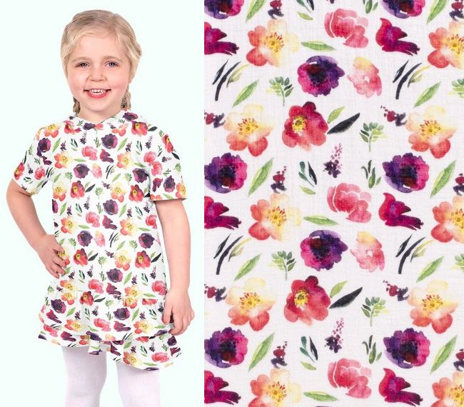 White muslin with digital print of colorful flowers 21550/050