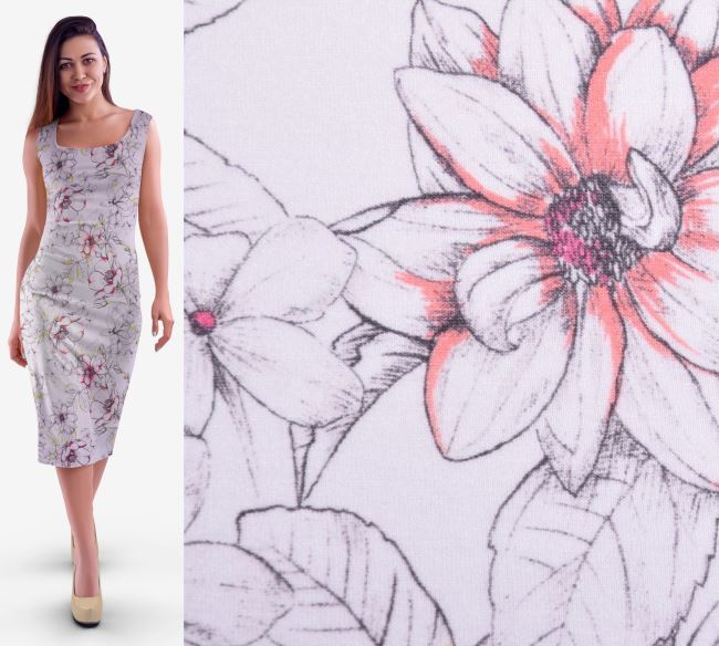 Viscose knit in white with a digital print of delicate flowers 23560