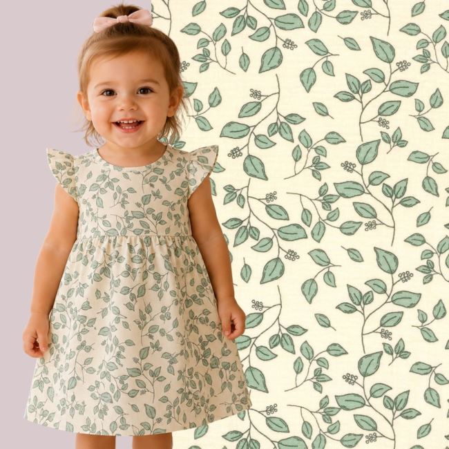Muslin in light beige with a print of leaves and flowers 25322/052