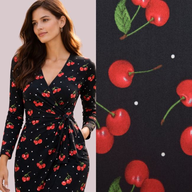 Stretch knit in black with cherry print TF5444