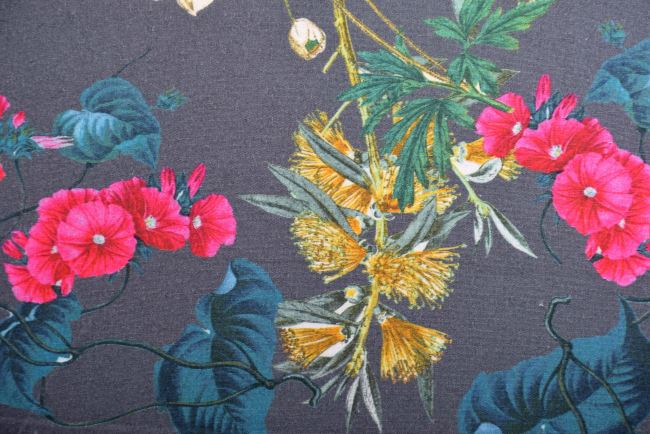 Cotton fabric in gray color with flower print KL3212