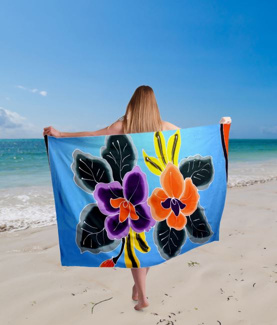 Bali pareo/sarong with coconut clasp with hand painted flowers BALI160