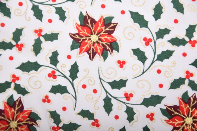 Christmas cotton fabric in cream color with star and holly print 18727/051