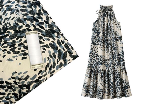 Dress sewing set with ties made of cream-colored viscose fabric with print SET101