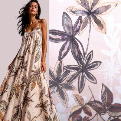 Viscose fabric with linen blend in beige color with flower print MI16899/904