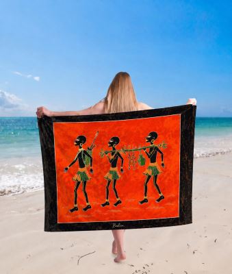Pareo/sarong from Bali in red with a motif of hand-painted women BALI249