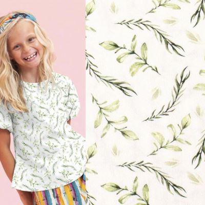 Cotton knit with digital print of green twigs 15852/051