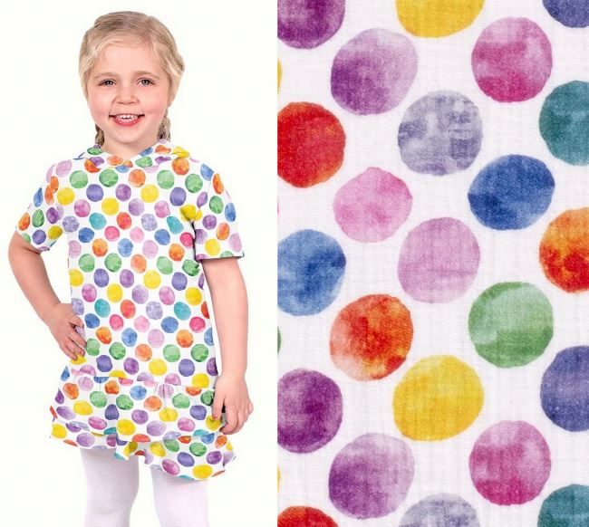 White muslin with digital print of colored dots 21539/050