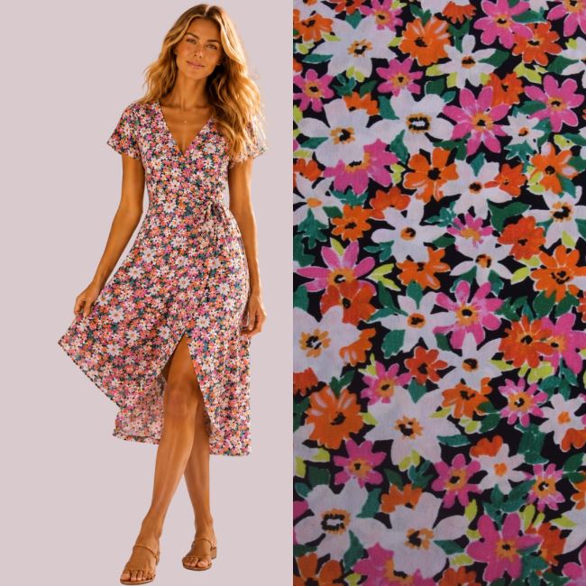 Blouse/dress fabric in black with flower print TU58472