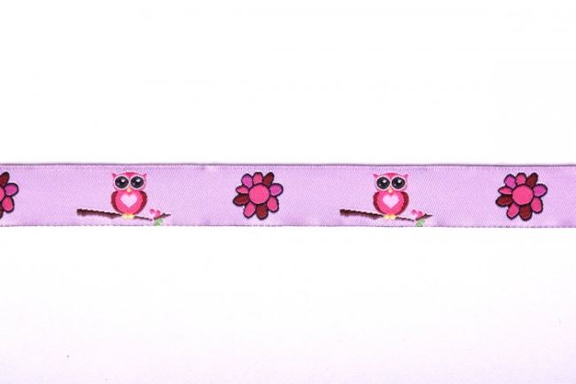 Decorative ribbon with a woven pattern of owls and flowers 1.5 cm wide 20040
