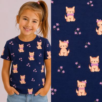 Cotton knitwear in dark blue with a cat print TU51133