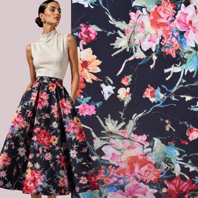 Stretch cotton fabric in black with flower print TF539