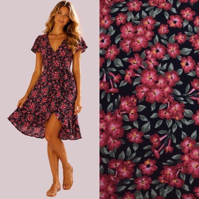 Blouse/dress fabric in black with small flower print TU40714