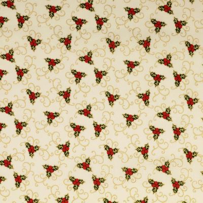 Christmas cotton fabric in cream color with holly print 60743/002 Christmas cotton fabric in cream color with holly print 60743/002