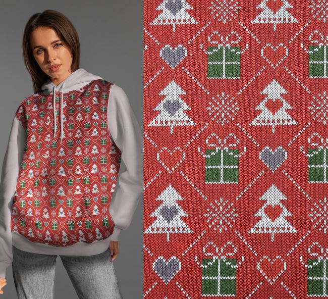 Combed French Terry sweatpants in red with a themed Christmas print 16725/013