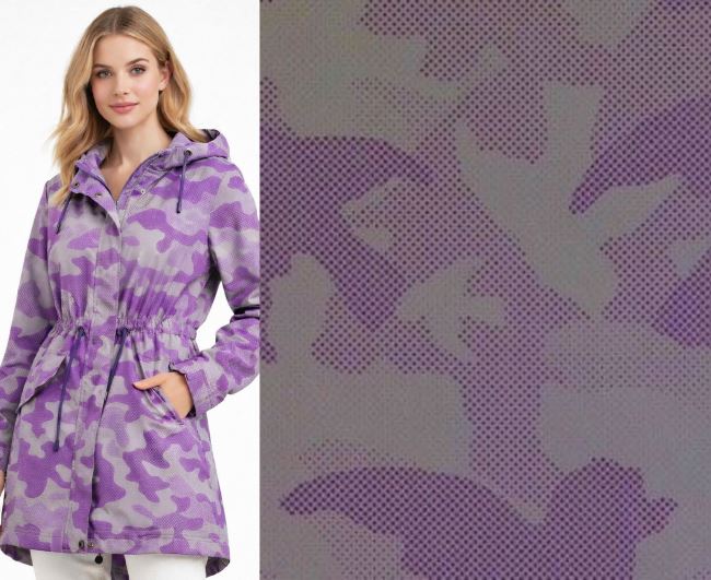 Rust fabric with reflective pattern of birds in purple color 132.691/5024