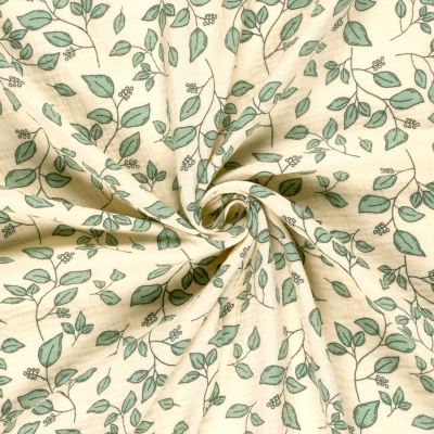 Muslin in light beige with a print of leaves and flowers 25322/052 (3)