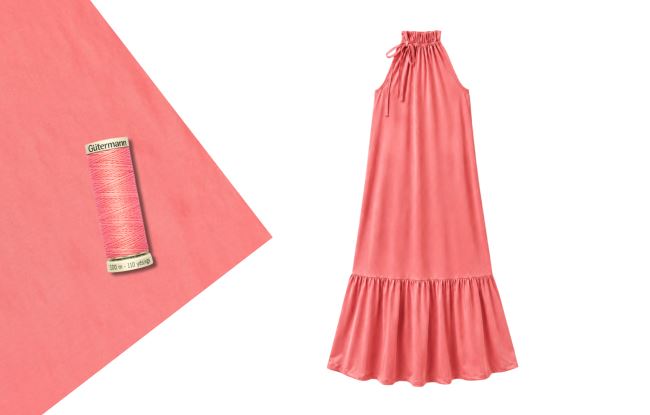 Dress sewing set with ties made of artificial silk Silky in salmon color SET91