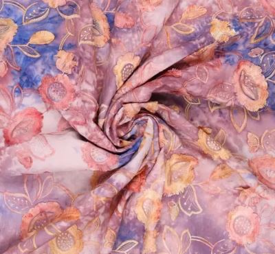 Cotton fabric with a batik look with a plastic pattern of embroidered flowers 22914/825 (5)