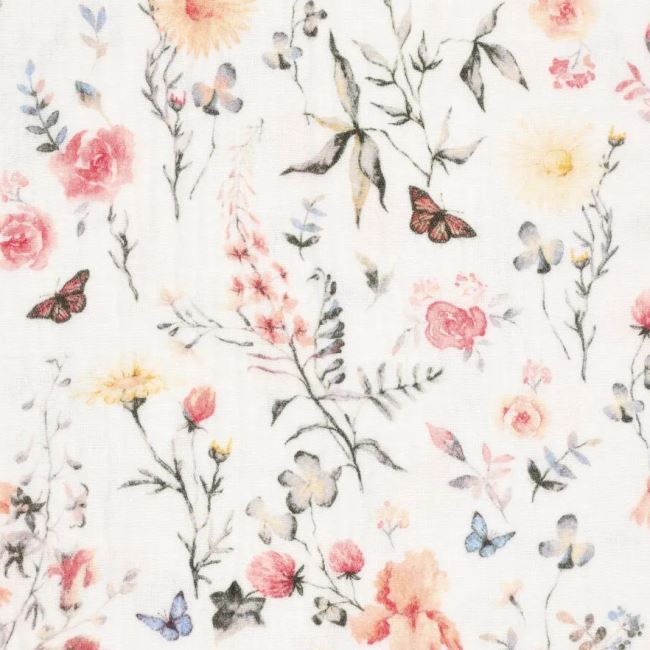 White muslin with digital print of small meadow flowers 20904/010