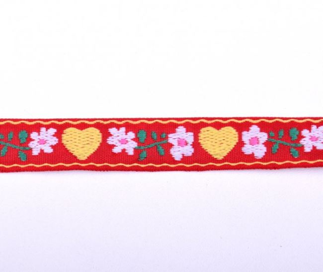 Decorative woven ribbon in red with flowers and hearts 30126