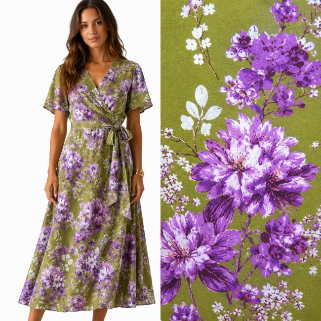 Viscose fabric in green color with flower print DS-MOR4051