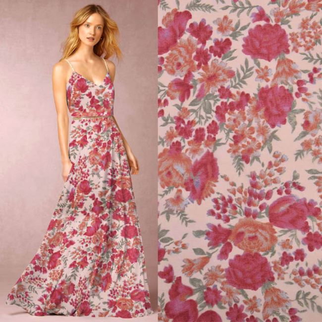 Chiffon in beige color with a print of red flowers TF248