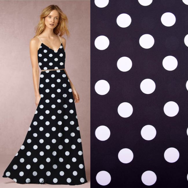 Artificial silk Silky in black color with white polka dots print CS13205B