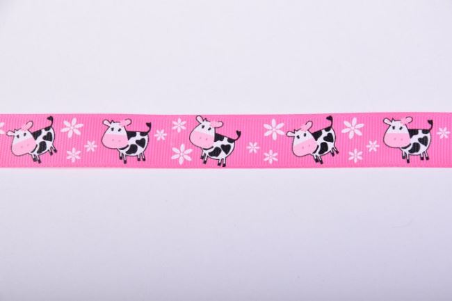 Ribbon in deep pink with a cow motif 11713