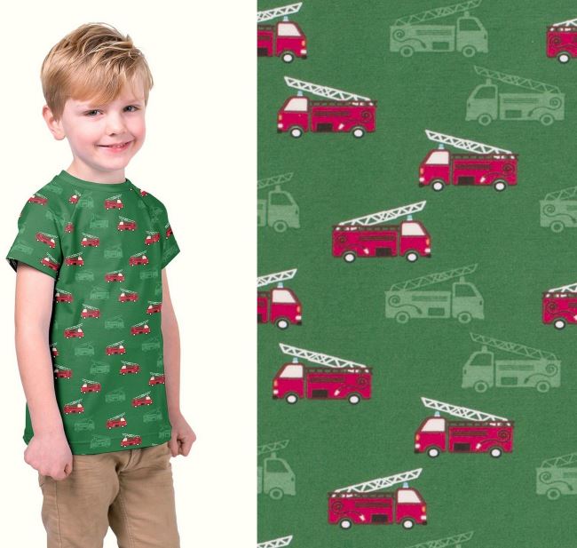 Cotton knit in green color with firemen print 19614/025