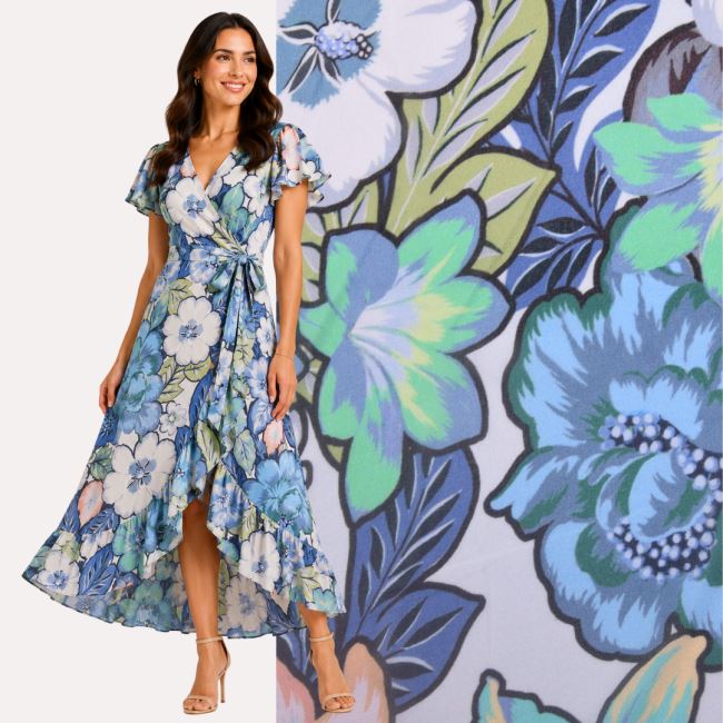 Light viscose fabric in blue with flower print MOR4145