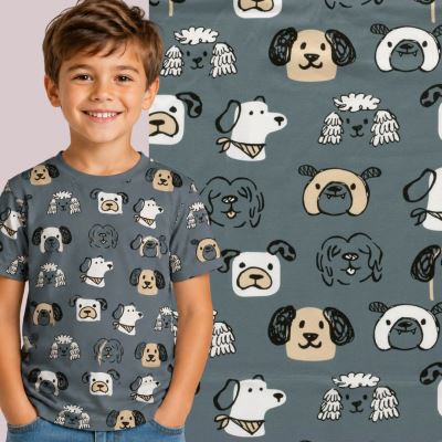 Cotton knit in gray with dog print 25686/007 Cotton knit in gray with dog print 25686/007