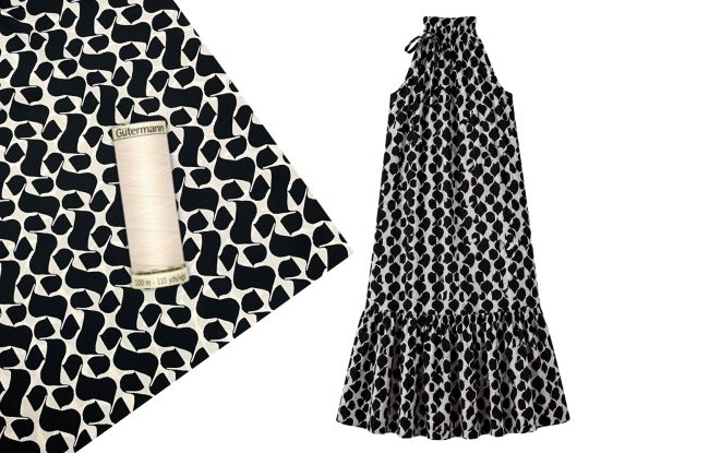 Dress sewing set with ties made of viscose fabric with black print SET102