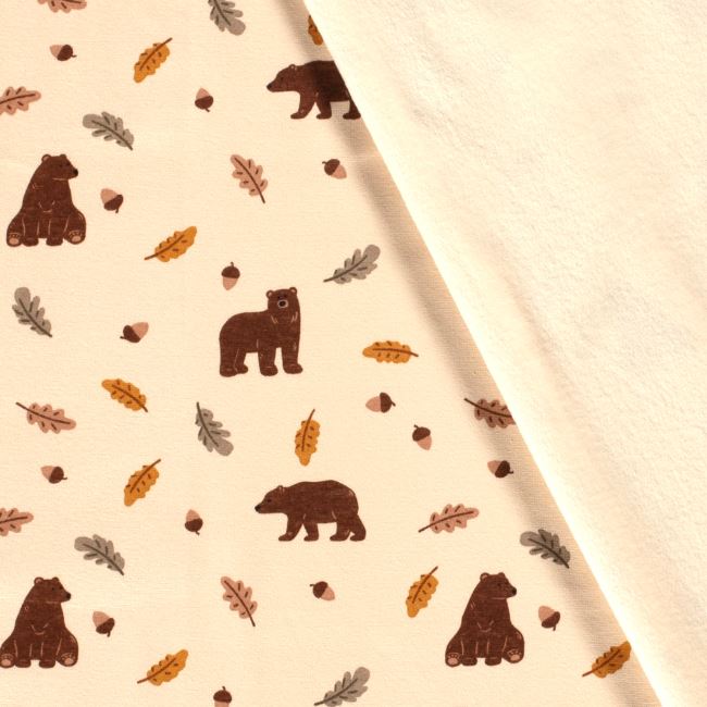 Alpenfleece in light beige with bear and leaf print 20462/052
